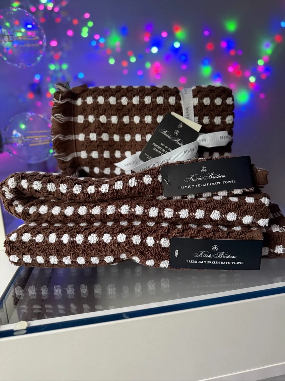 BROOKS BROTHERS white dot brown soft THICK PLUSH TURKISH bath hand towels set